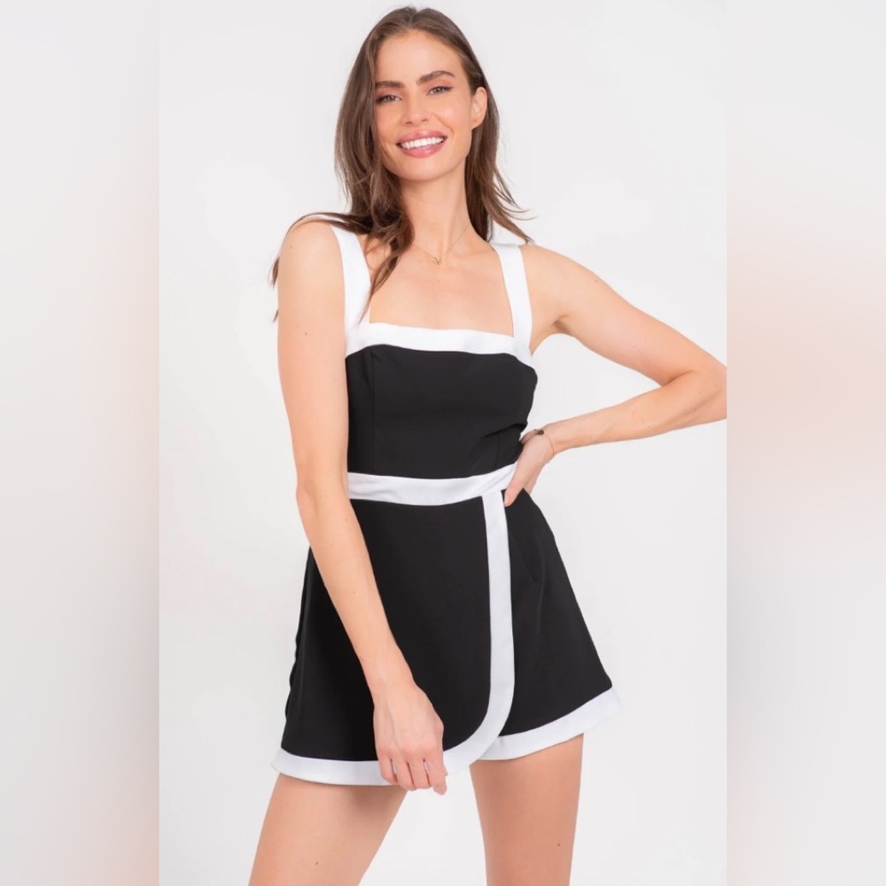 Lavender Brown Black and White Square-Neck Romper - Picture 3 of 9